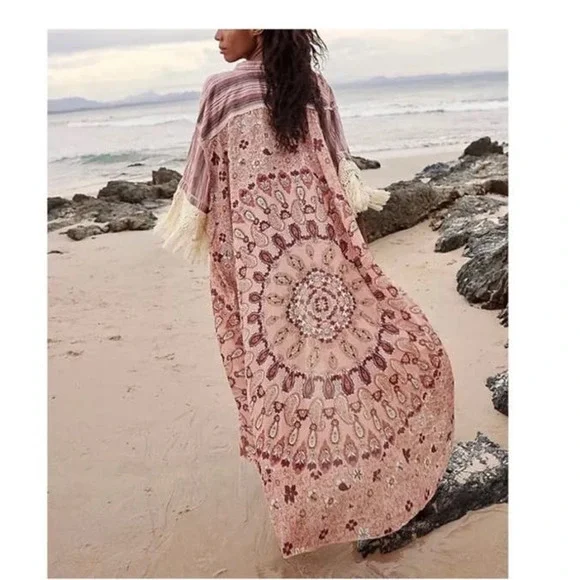 FREE PEOPLE Watching Waves Maxi Shirt / Mauve Combo Size Large - Picture 5 of 7